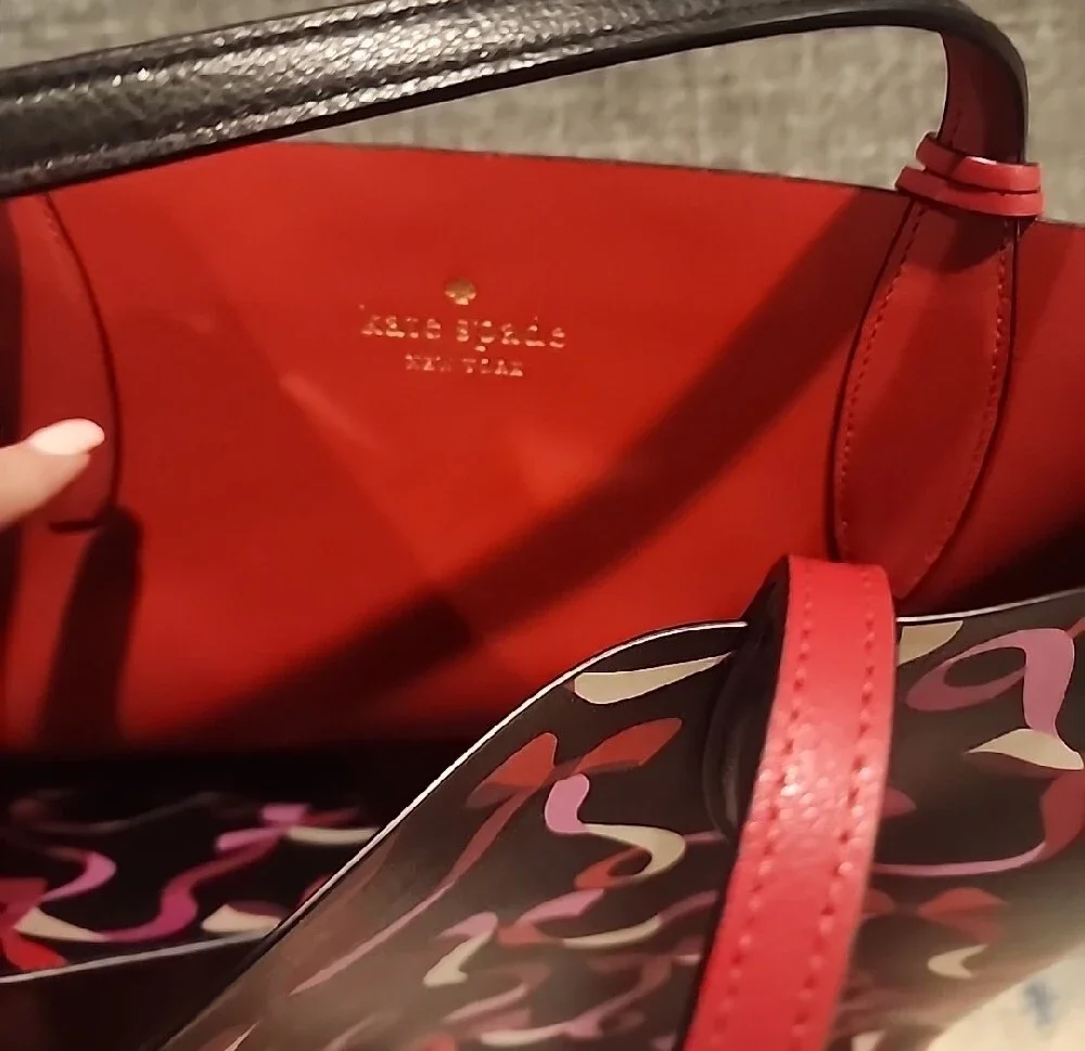 kate spade Black Tote with Pink and Red Ribbon-Print--Reversible To All Red